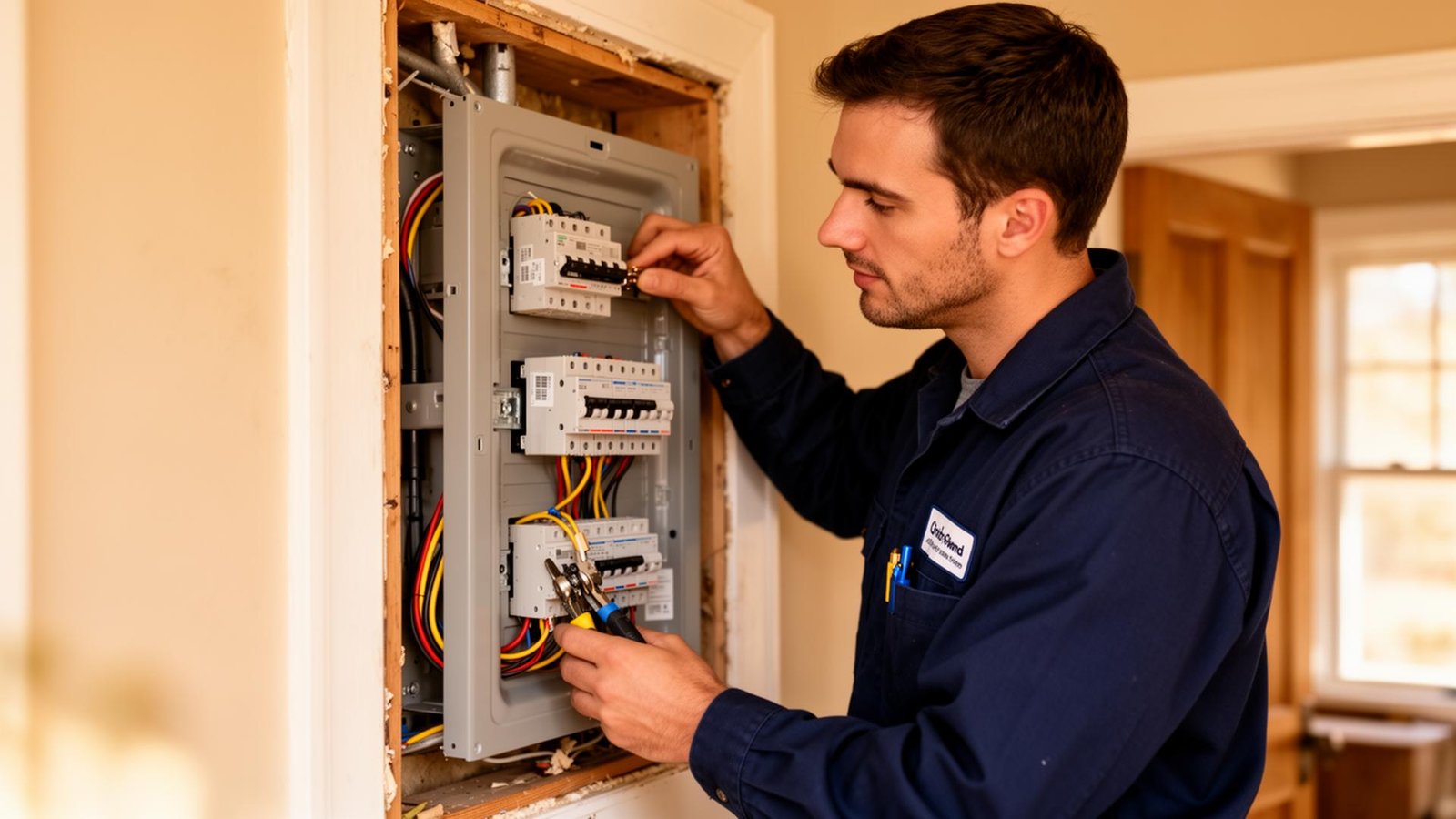 Jerry Jennings licensed electrician installing residential electrical panel in Hudson NY home
